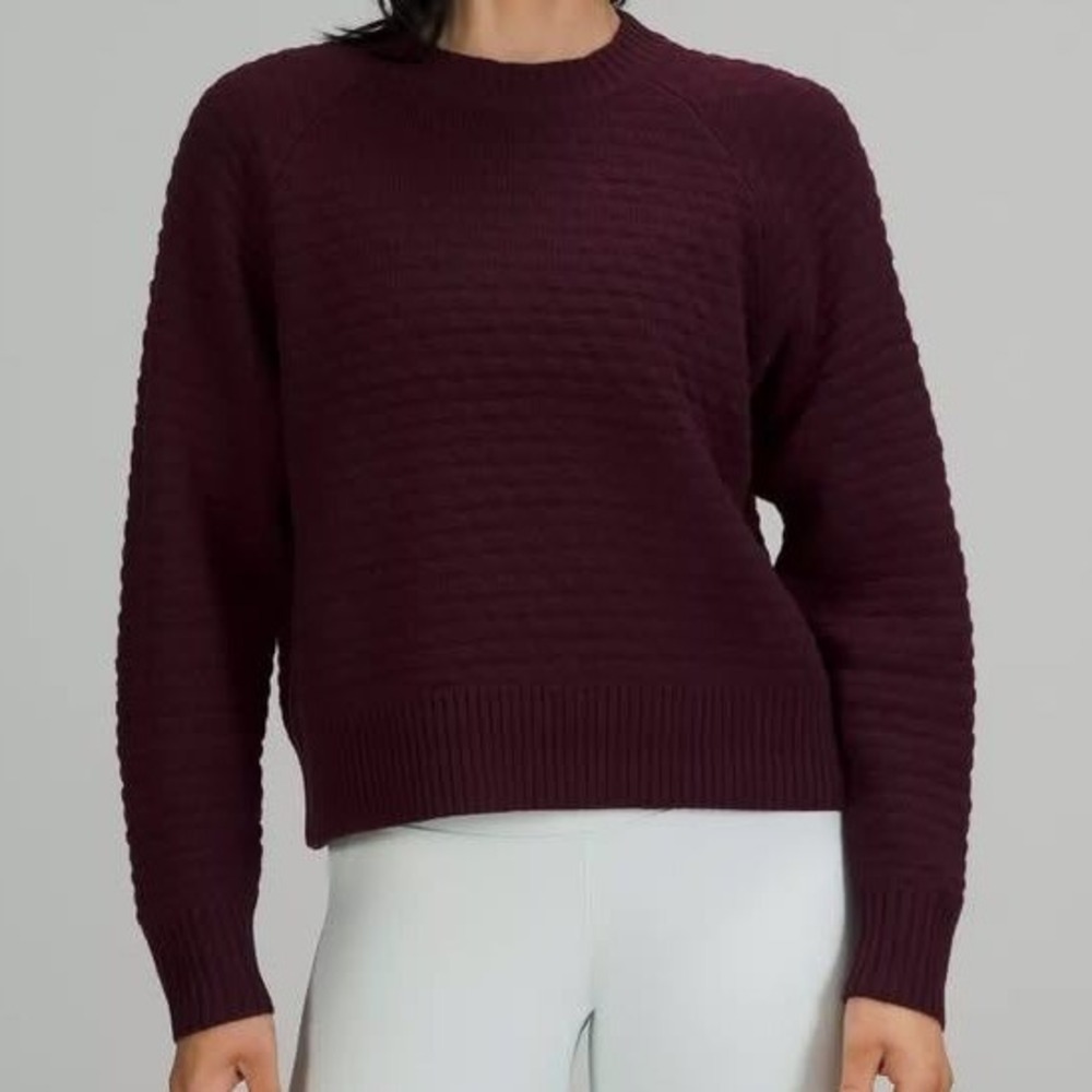 Lululemon Texture Play Crew Sweater Women M/L Plum Cashmere Blend Athleisure Top